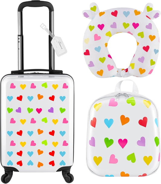 Sanwuta 4 Pcs Kids Luggage Set Kids Backpack Travel Rolling Suitcase with Wheels U-shape Pillow Childrens Gift for Girls Boys(17 Inch,Heart Style,White)