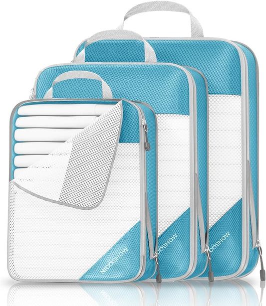 Compression Packing Cubes 3 Set, Compressible Space-Saving Packing Cubes for Travel - Compression Bags, Luggage Organizer, Travel Essentials for Women, Teal