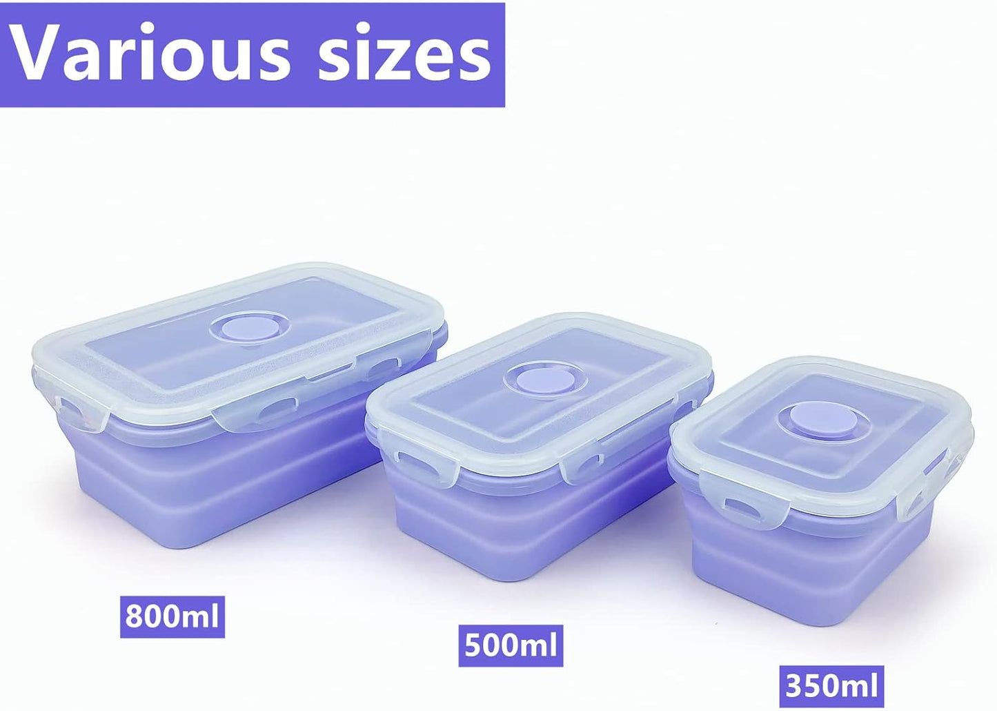 Purple Collapsible Meal Prep Containers Camping Bowls Silicone Bento Box with Airtight Plastic Lid, Microwave Safe, Portable Lunch Container, For Food Storage, Travel and Hiking, 3Pack