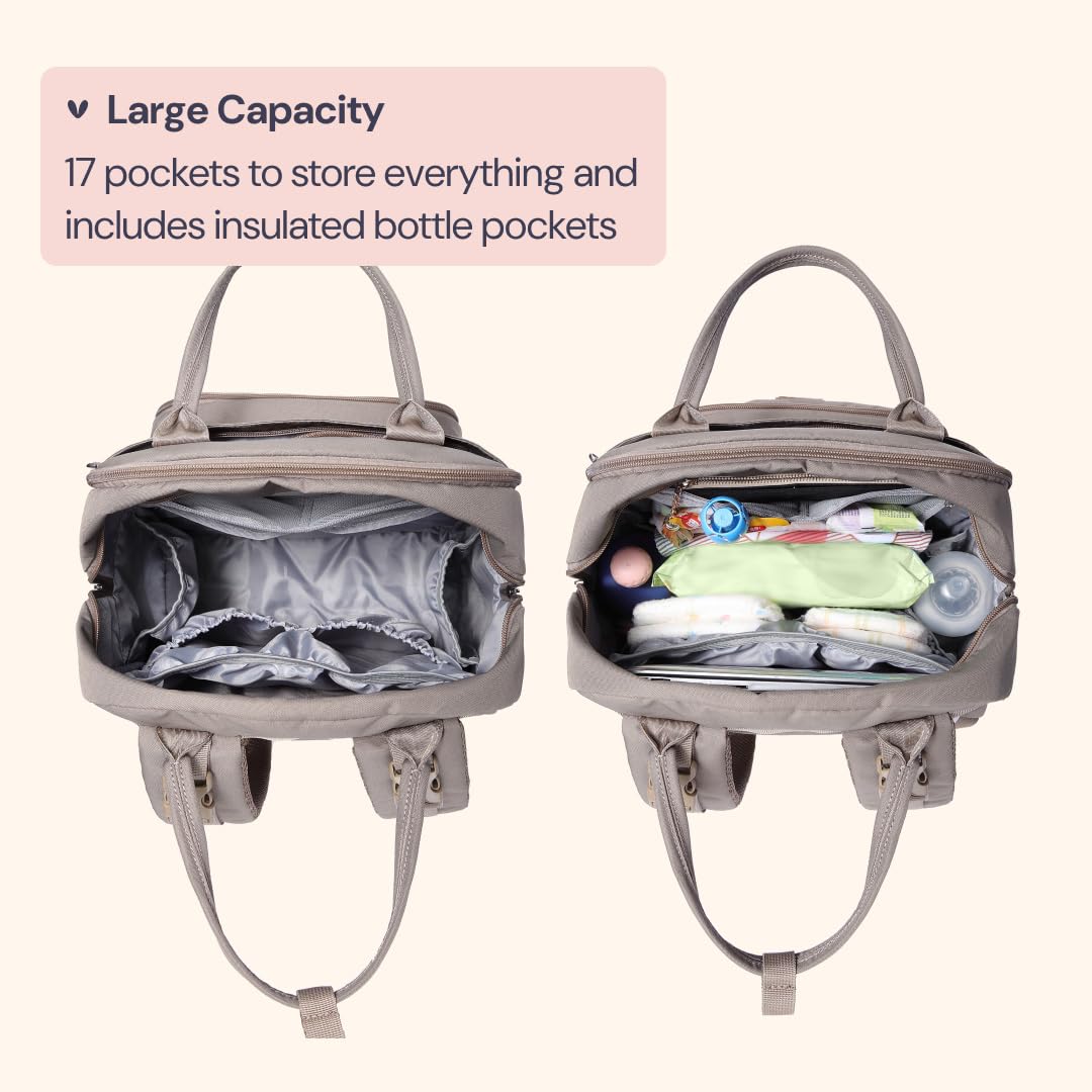 BabbleRoo Diaper Bag Backpack - Baby Essentials Travel Tote - Multi Function Water Resistant Diaper Bag, Travel Essentials Baby Bag with Changing Pad, Stroller Straps & Pacifier Case - Unisex, Khaki
