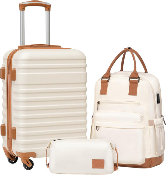 Coolife Luggage Sets Suitcase Set 3 Piece Luggage Set Carry On Hardside Luggage with TSA Lock Spinner Wheels (White, 3 piece set (BP/TB/20))