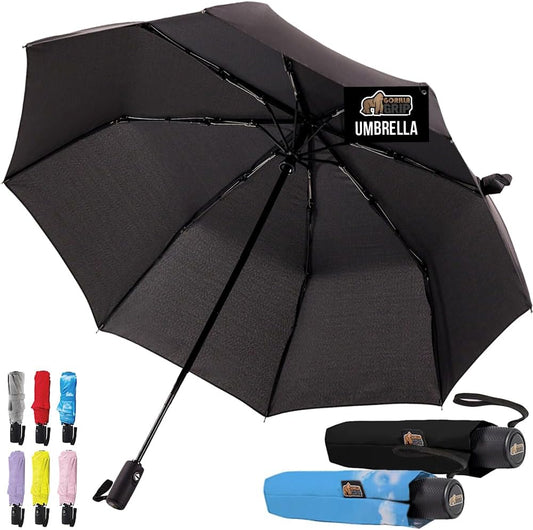 GORILLA GRIP Strong Stick Umbrella for Rain Compact Travel One-Click Automatic Open Close Lightweight Portable US Designed Reinforced Fiberglass Ribs Wind Resistant Easy Collapse Black Sky Blue 2 Pack