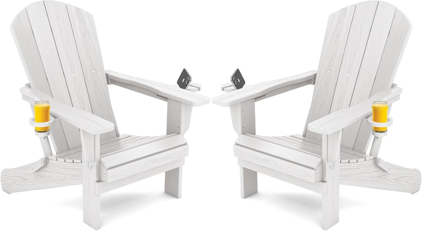 SERWALL Adirondack Chair with Cup Holders - Composite Adirondack Chairs Set of 2 HDPE Outdoor Chairs All Weather Use- White