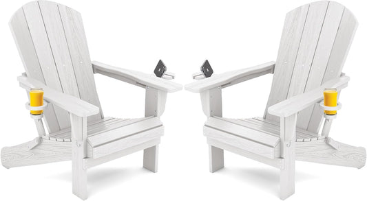 SERWALL Adirondack Chair with Cup Holders - Composite Adirondack Chairs Set of 2 HDPE Outdoor Chairs All Weather Use- White