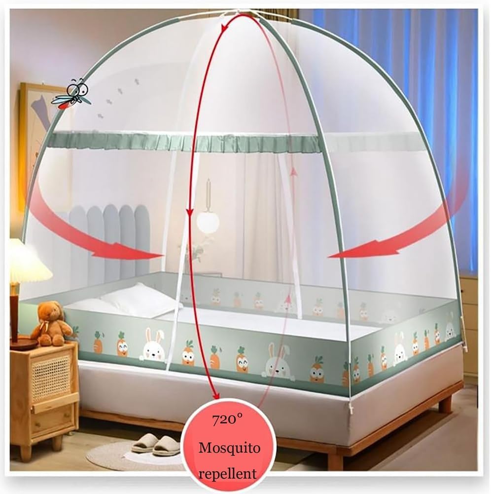 Pop-Up Mosquito Net Tent for Beds Portable Folding Canopy with Net Bottom, Fits Twin to King Size 79x71x59inch, Easy Install Wash for Baby Adults, Indoor Outdoor Use (Pink Rabbit- King Bed)