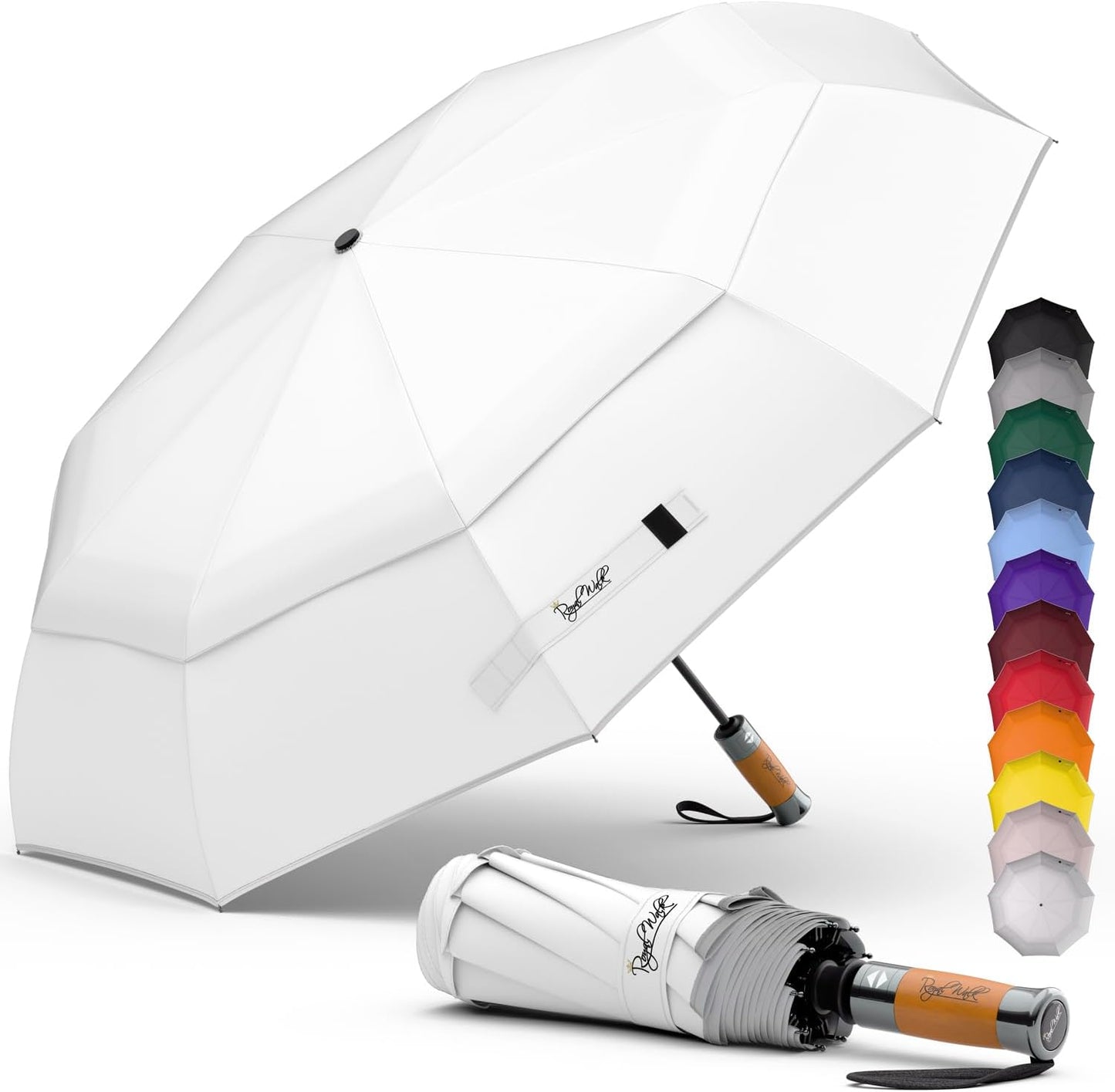 Royal Walk Windproof Folding Travel Umbrella Compact and Strong Luxurious Real Wood Handle Automatic Open Close Vented Double Canopy for Men and Women