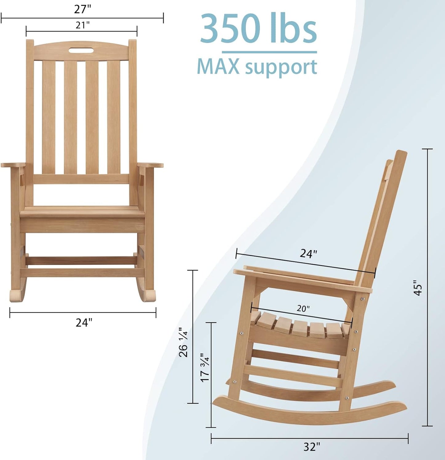 Psilvam Oversized Outdoor Rocking Chair Set of 2, Porch Rocker with 21" Wide Seat and 32" Tall Backrest, Pre-Assembled with Most Components for Effortless Installation (Teak Color)
