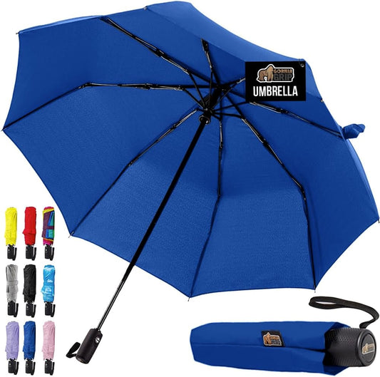 GORILLA GRIP Strong Stick Umbrella for Rain, Compact Travel One-Click Automatic Open Close, Lightweight, Portable, US Designed Reinforced Fiberglass Ribs, Wind Resistant, Easy Collapse, Navy