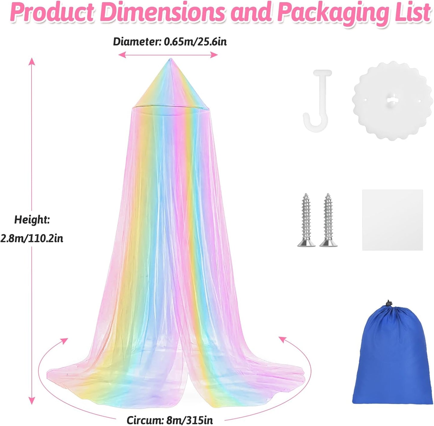 Mosquito Net for Bed, Large White Bed Canopy for Girls, Hanging Bed Net, Ideal for Bedroom Decorative, Travel with Storage Bag (Rainbow1)