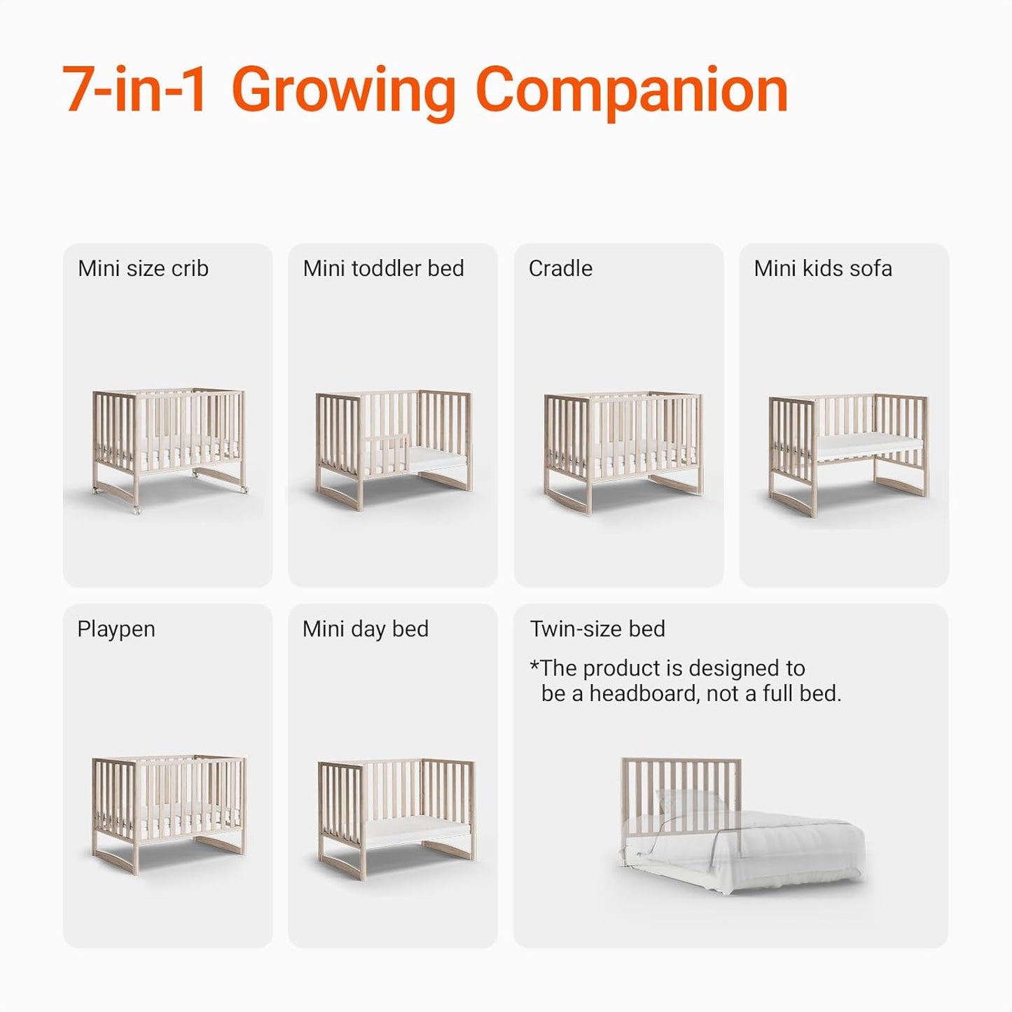 EvoNook 6-in-1 Convertible Mini Crib, 100% New Zealand Wood, 4 Adjustable Mattress Heights, Crib with Mattress, Washed Natural