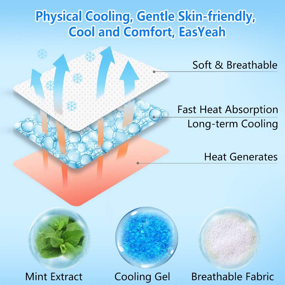40 Sheets EasYeah Cooling Patches for Fever Discomfort & Pain Relief, Cooling Relief Fever Reducer, Soothe Headache Pain, 10 Count Per Box (4 Boxes)