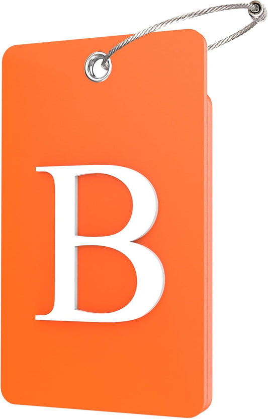 Gostwo 2 Pack Luggage Tags for Suitcases, 26 Initial Letter Travel Luggage Baggage Identification Labels ID Tag Fully Bendable Tags with Stainless Steel Loop (Orange) (Letter B)