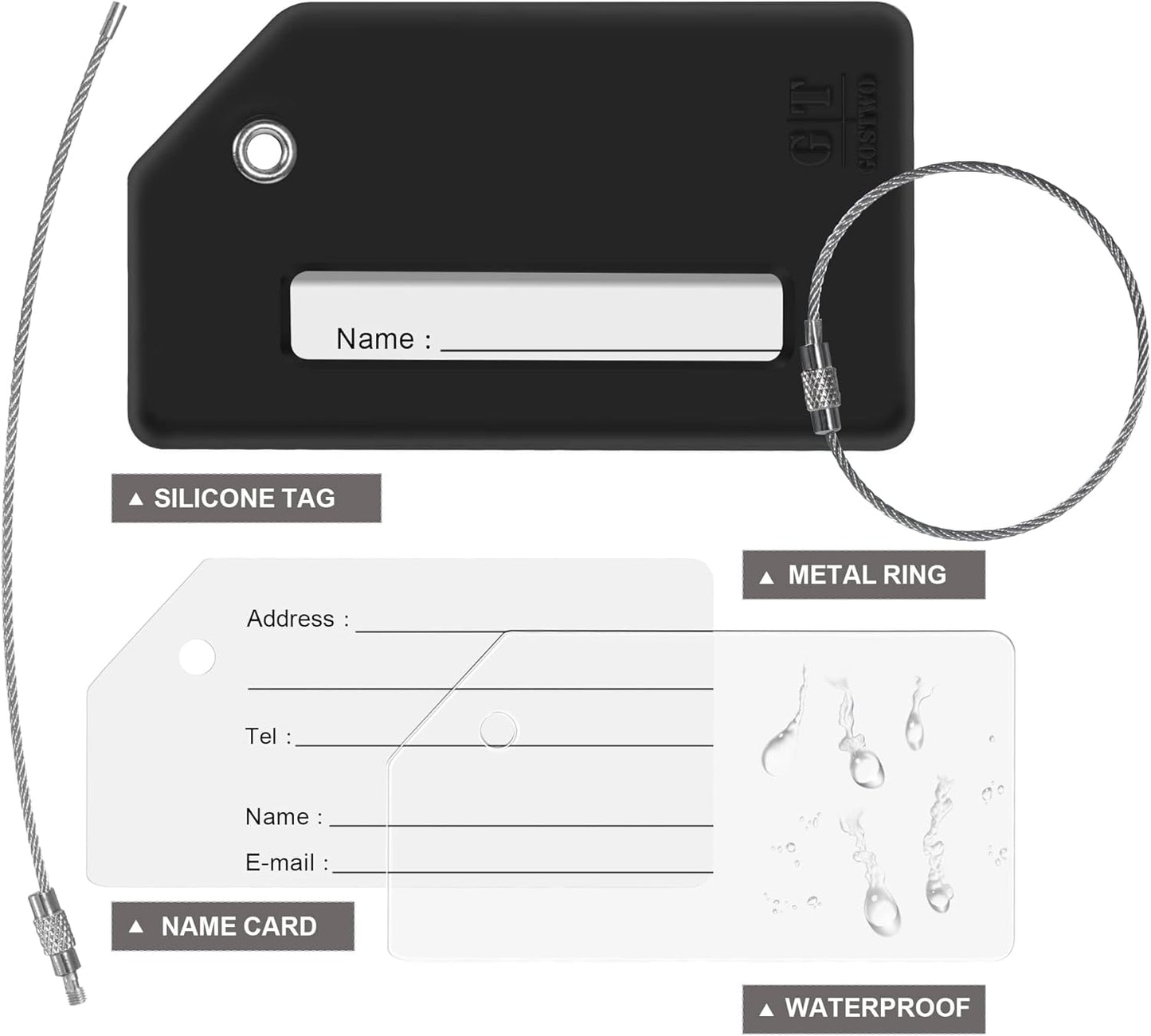 8 Pcs Luggage Tags for Suitcases, 26 Initial Letter Travel Luggage Baggage Identification Labels ID Tags Fully Bendable Tags with Stainless Steel Loop (Letter G, Black)