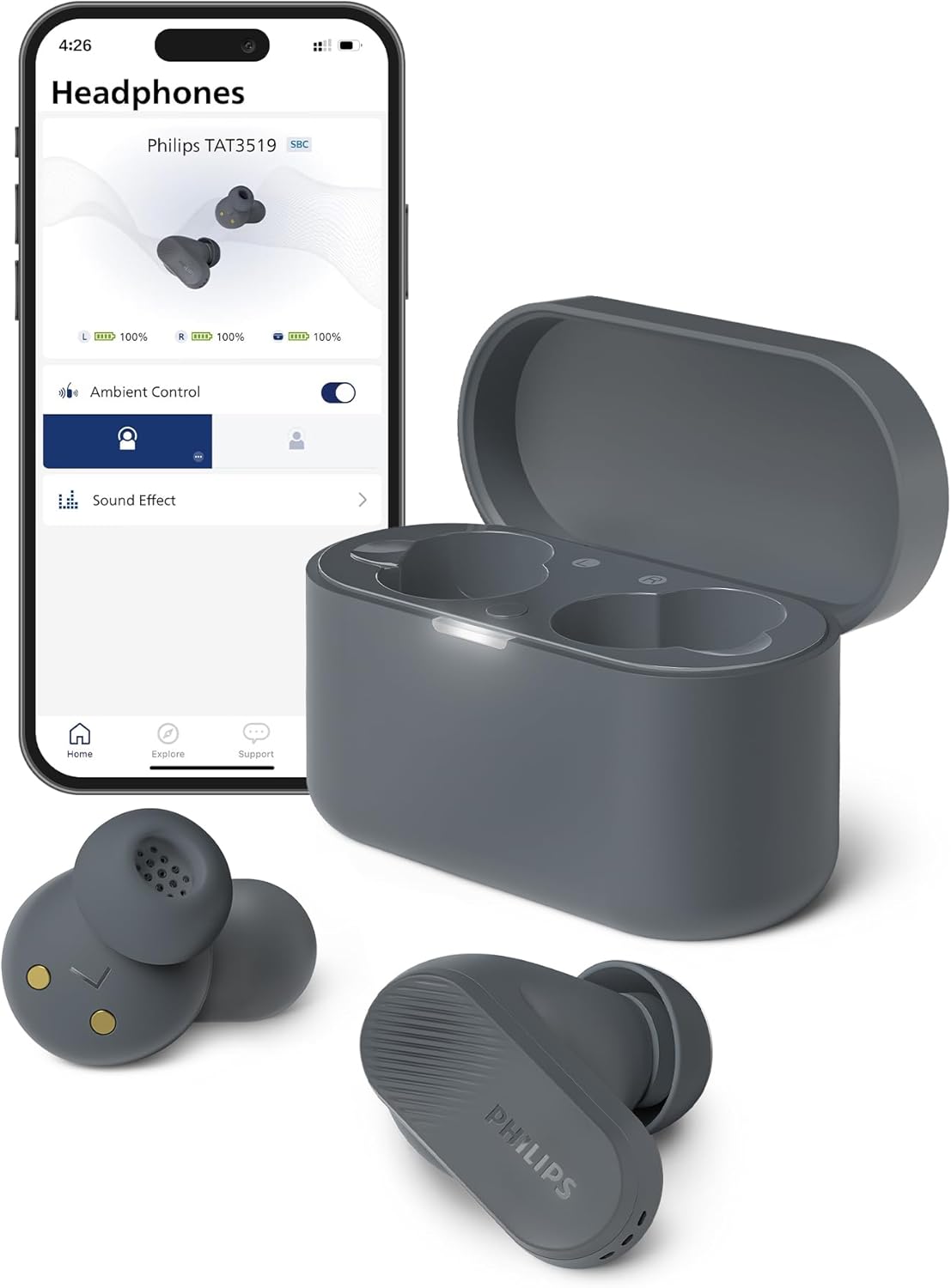 PHILIPS TAT3519 Wireless Earbuds,True Wireless Headphones with Noise Canceling Pro,Dynamic Bass,Clear Call,24 H Battery Life,Fast Charging,Bluetooth 5.3,IPX4,App/Touch Control,Black