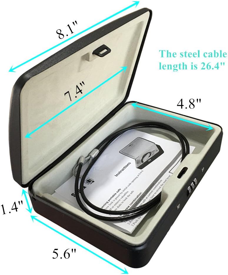 SEPOX® Water/Fire-Resistant Portable Security Case Lock Box Steel, Personal Travel Safe Storage Cabinet for Small Item, 3-Ft Cable, Ressetable Combination Lock for Dorm, Car, Sports, Office