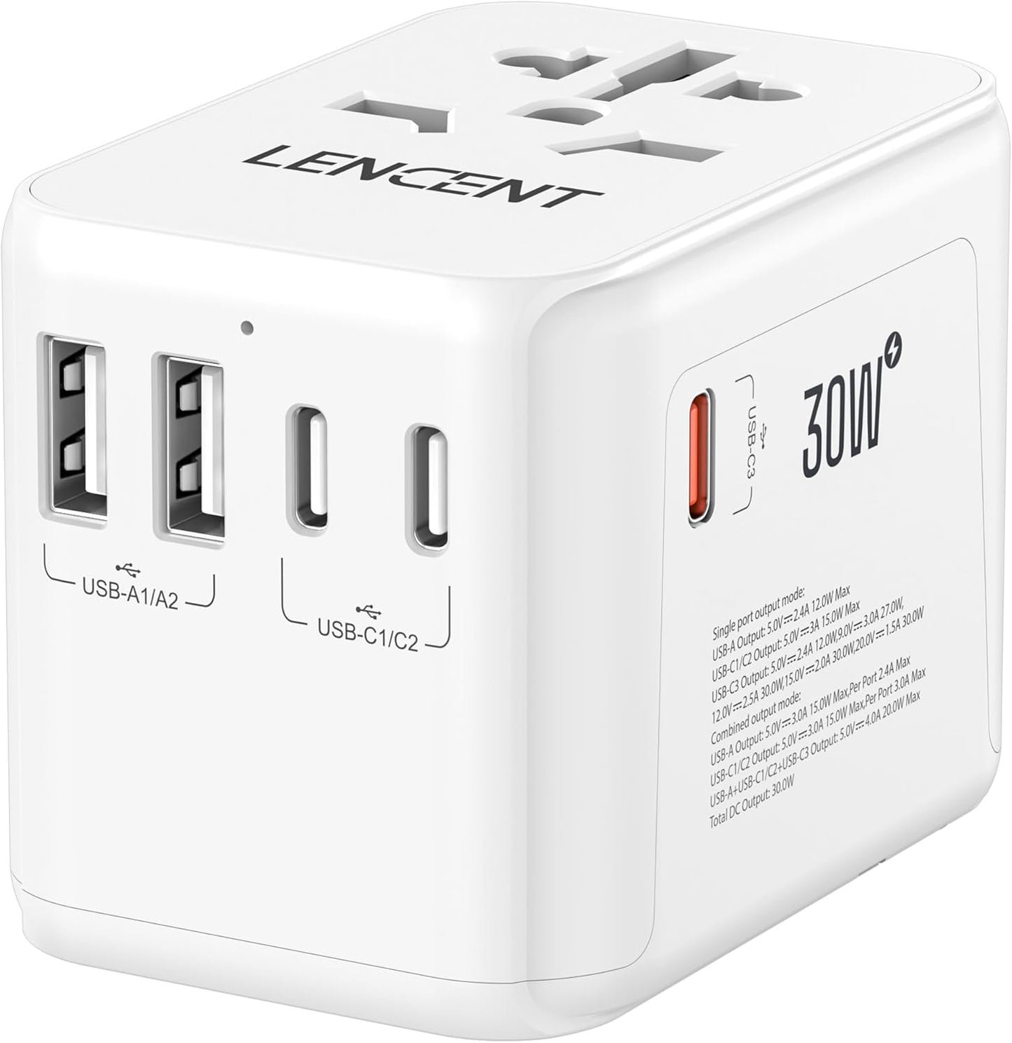 LENCENT Universal Travel Adapter, GaN III 30W International Charger with 2 USB&3 Type-C PD Fast Charging Ports, Worldwide Plug Adaptor for iPhone, Laptops, Type A/C/G/I (USA/UK/EU/AUS), White