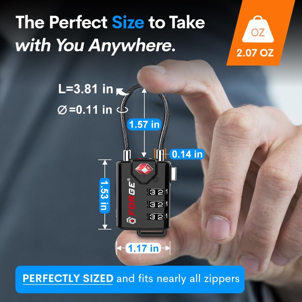 TSA Approved Cable Luggage Locks, Re-settable Combination with Alloy Body