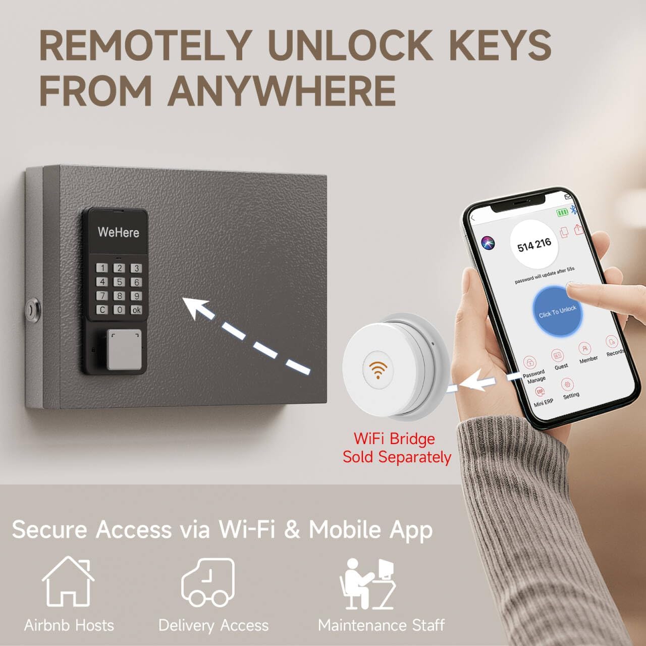 WeHere 16 Key Lock Box Wall Mount, APP Bluetooth/OTP/Wi-Fi/Fixed Code/Key Unlock, Smart Key Cabinet with Key Tag, Key Organizer Holder Box, Key Management Directory for Office, Valet, Realtor, Hotel