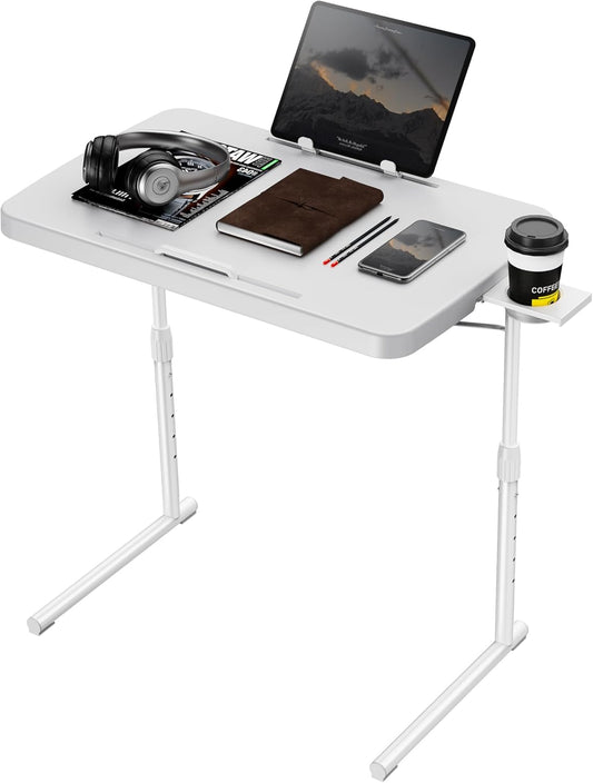 Allpop Ultra TV Tray Table, TV Dinner Tray for Eating, Adjustable Folding Tray Table with Book Stand, Cup Holder, Laptop Stopper & Tablet Slot on Coach & Bed, White