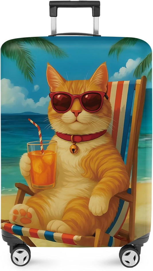 ANNA QUEEN Summer Cat Luggage Cover, Cat in Sunglasses with a Beach Drink, Stretchable, Washable Travel Protector for 28-30 Inch Suitcases