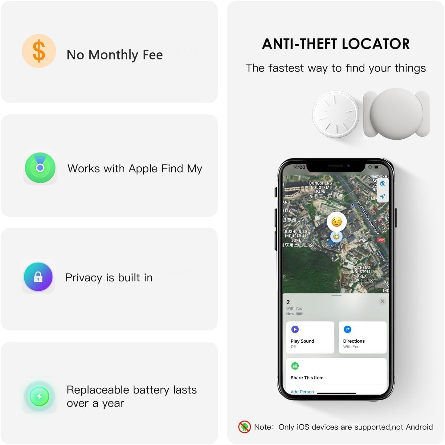No Subscription Vehicle GPS Tracker,Portable Car GPS Tracker Work with Apple Find My（iOS Only,Mini Magnetic GPS Device Full Coverage Pinpoint Vehicle Location Elderly Children Pets (White,2PCS)