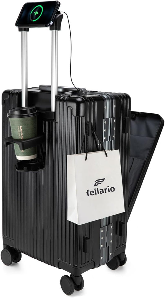 feilario 20in Aluminium Frame PC Hard Shell Spinner Wheels Luggage, Built-In TSA lock Carry on Suitcase, with Cup Holder, USB Port, Phone Holder