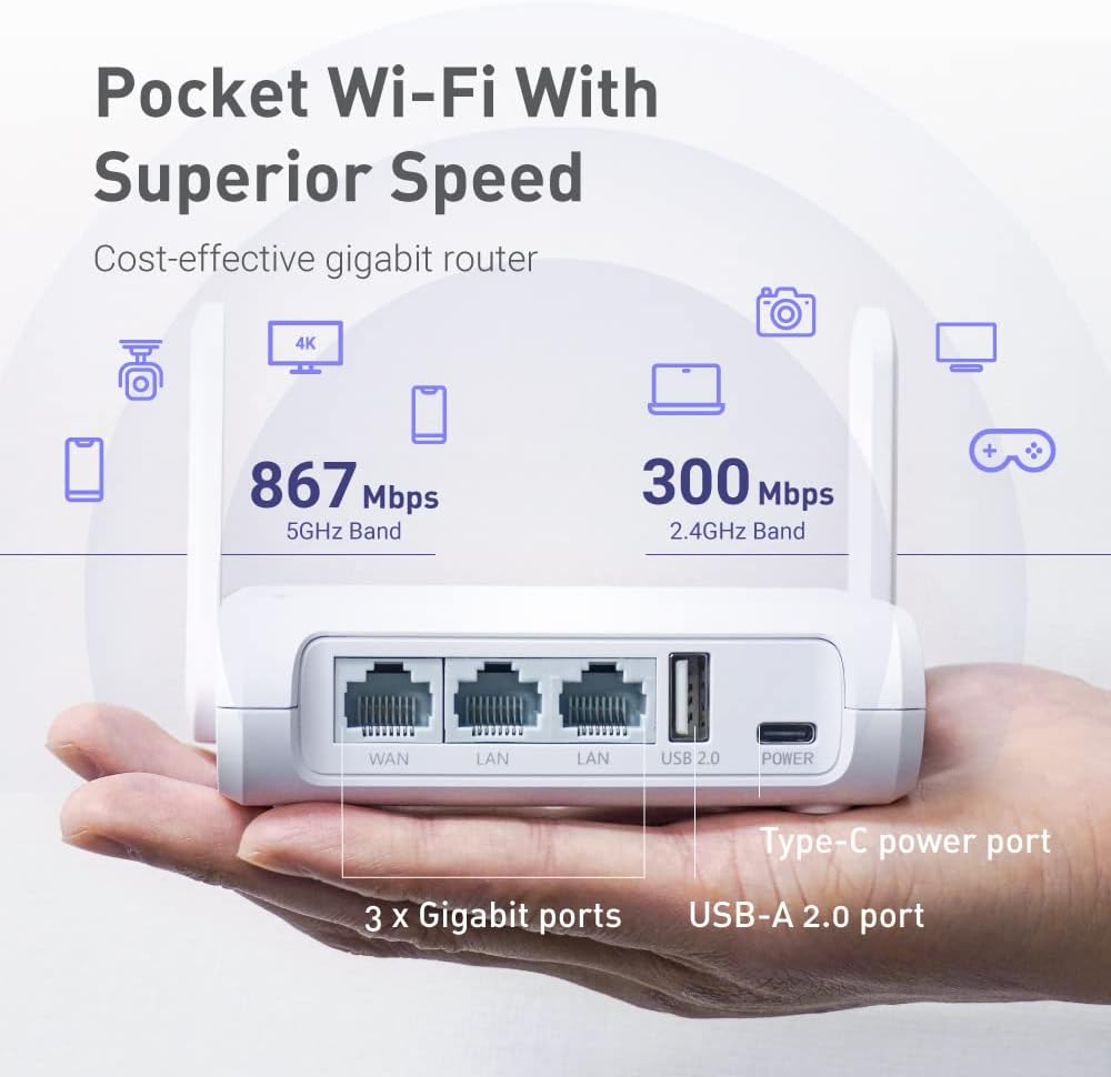 GL.iNet GL-SFT1200 (Opal) Portable WiFi Travel Router, Mini VPN Wireless Router for Fiber Optic Modem, Mobile Internet WiFi Repeater, Dual Band Openwrt Computer Routers, Home/Business/RV/Cruise