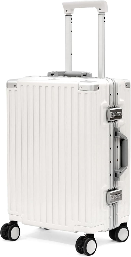 UrbanExplorer 20 Inch Carry On Luggage Aluminum Frame Airline Approved, Zipperless Luggage Carry On TSA Approved ABS+PC Hard Shell Suitcases, Lightweight Carry-On Suitcase with Cup Holder, White
