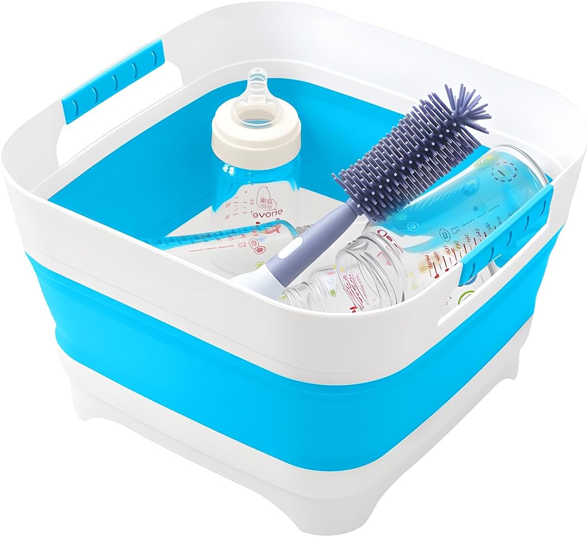 Collapsible Wash Basin for Baby Bottles - 2.4 Gallons Portable Wash Bin for RV Camping Sink, Space-Saving Dish Tub.Laundry & Utility Room Sinks (Blue)