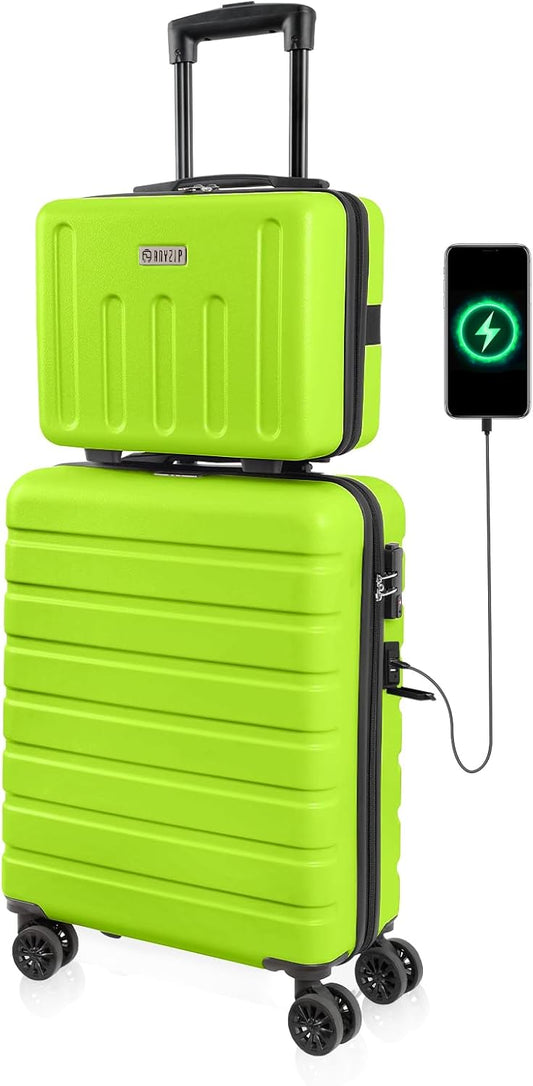 AnyZip Suitcase, 20" Carry On Luggage 14" Mini Cosmetic Cases Luggage Sets Hardside PC ABS Lightweight USB Suitcase with Wheels TSA (2 Piece Set 14/20, AppleGreen)