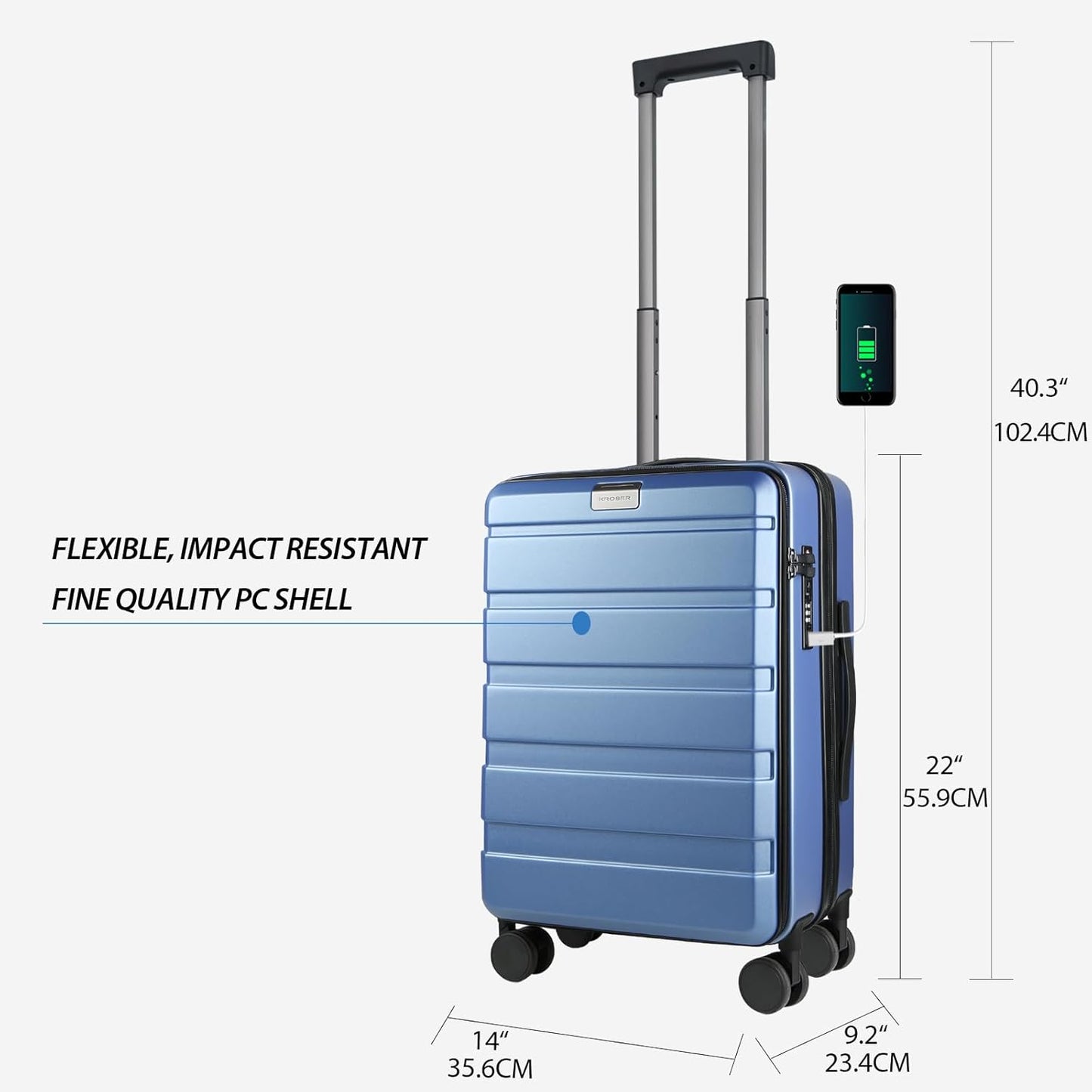 KROSER Carry On Luggage with Spinner Wheels & Built-in TSA Lock, Expandable Top Loading Hard Shell Suitcase Large Capacity Durable Rolling Luggage with USB Port, Carry-On 20-Inch, Light Blue