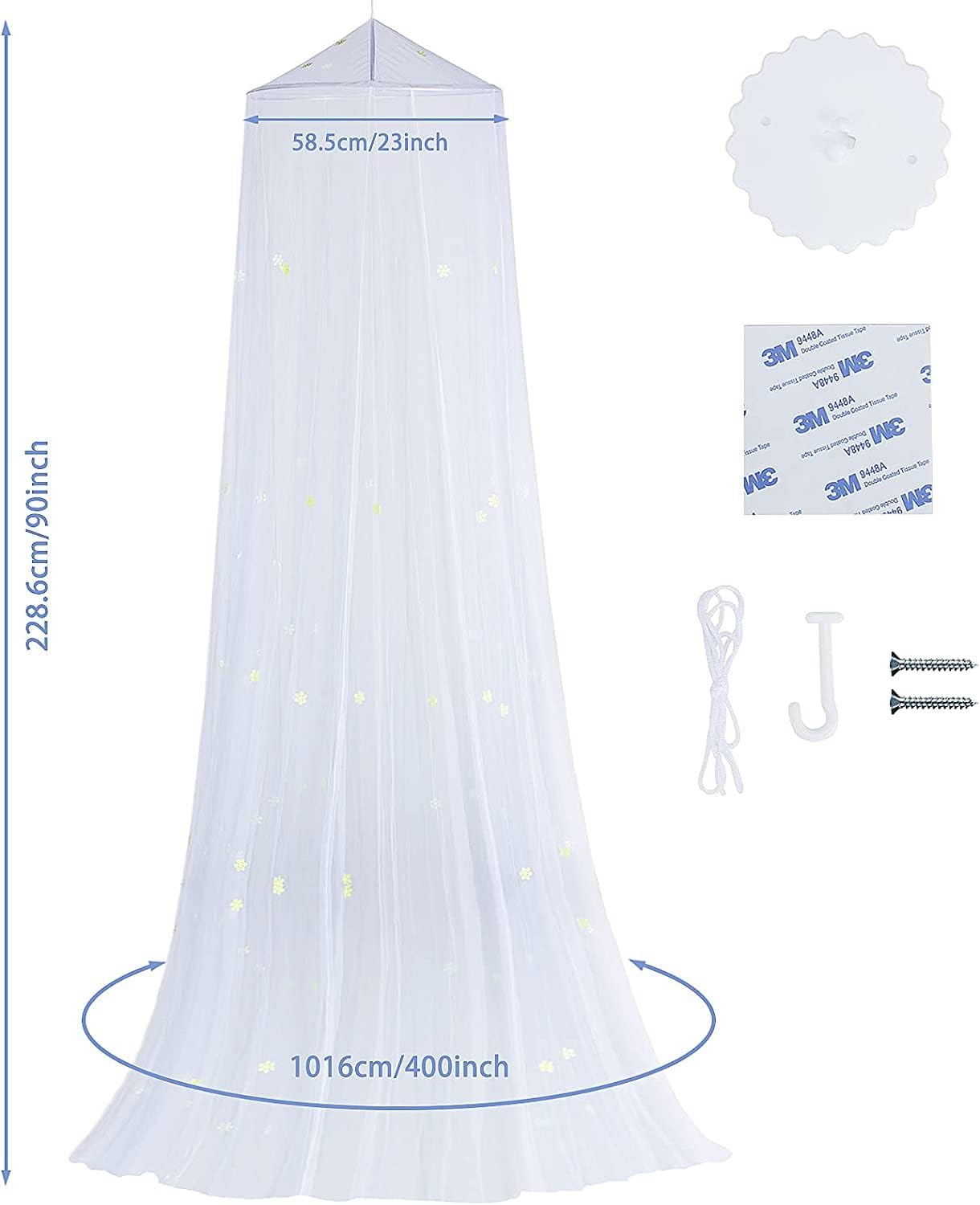 Mosquito Net for Bed, Large White Bed Canopy for Girls, Hanging Bed Net, Ideal for Bedroom Decorative, Travel with Storage Bag (Snowflake)