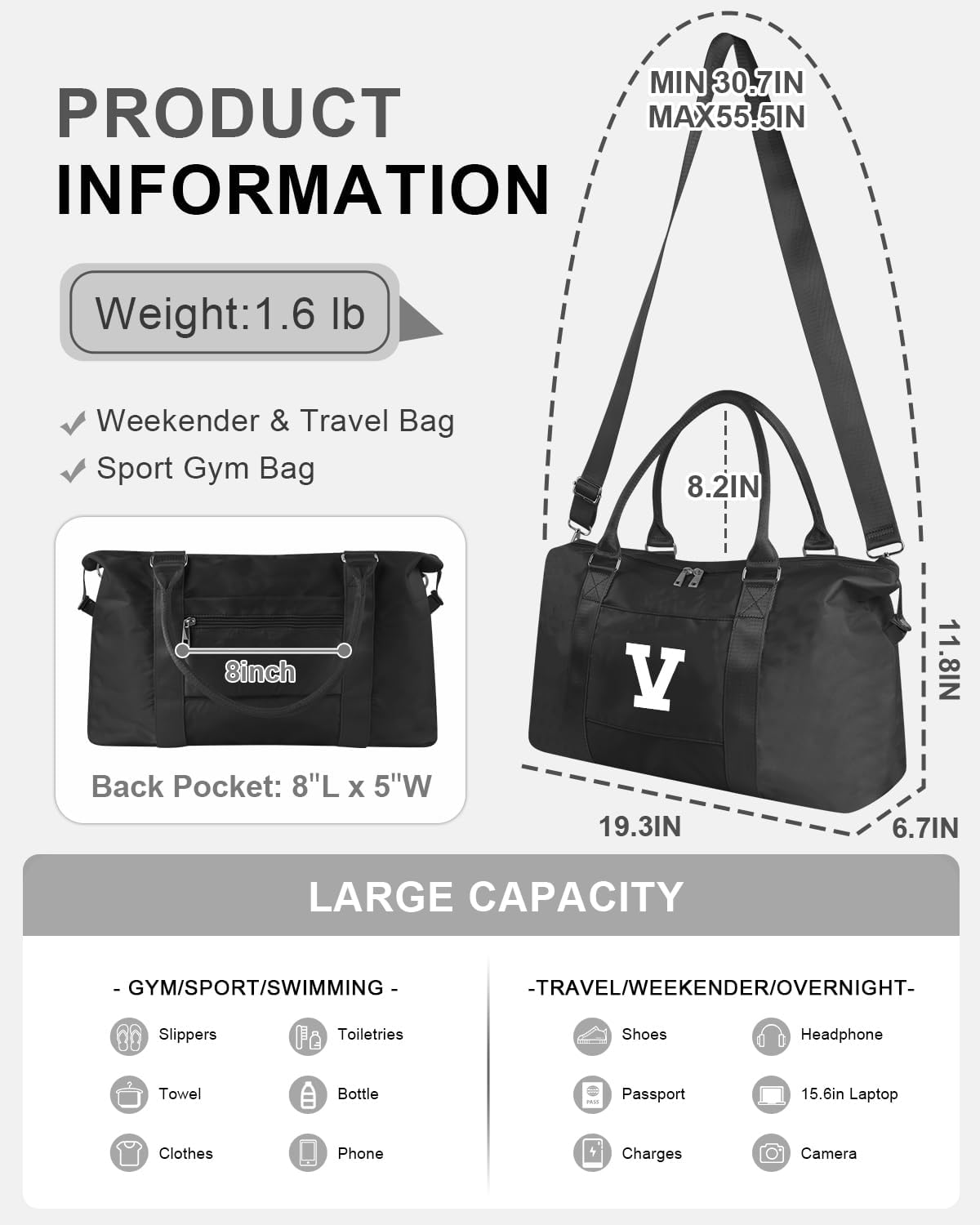 Initial Travel Duffel Bag Sports Gym Bag for Boys Teen Birthday Gifts,Black Personalized Weekender Bag Carry On Tote Bags for Men,Waterproof Overnight Luggage Bag Airplane Travel Essentials(Letter V)
