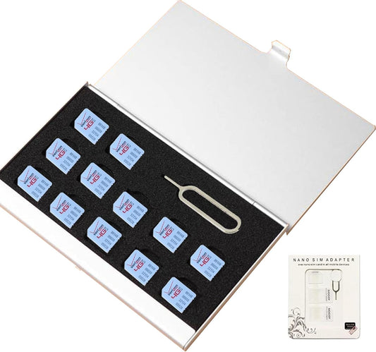 Aluminum SIM Card Case, 12 Slots Ultrathin Nano SIM Card Holder with SIM Card Adapter Kit for Travelers or Holiday Trip (Silver)