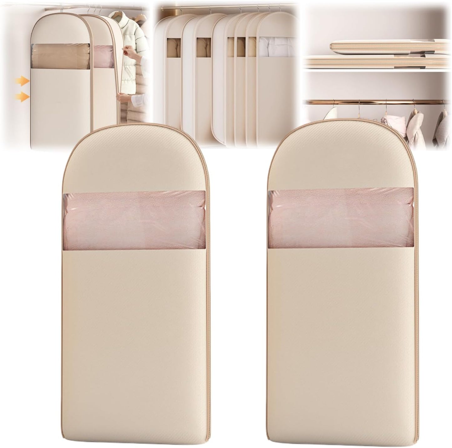 Space Saving Hanging Garment Bag With Self Compression Zipper,Garment Bags for Travel,Dust Cover for Coats Down Jackets, Closet Clothes Organizer with Clear Window (Beige, L*2Pcs)