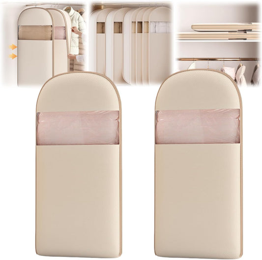 Space Saving Hanging Garment Bag With Self Compression Zipper,Garment Bags for Travel,Dust Cover for Coats Down Jackets, Closet Clothes Organizer with Clear Window (Beige, L*2Pcs)