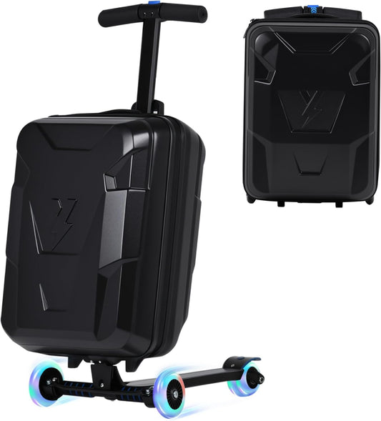 smilesun Scooter Suitcase for Kids & Adults, Foldable Carry On Travel Luggage, Hardside Ride on Scooter Suitcase with LED Light up Wheels，Black