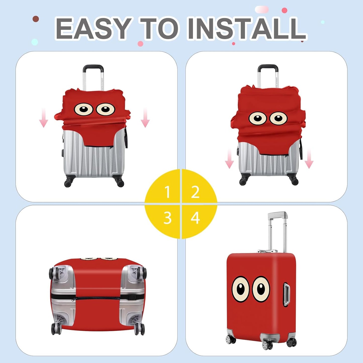 ANNA QUEEN Funny Cartoon Eyes Luggage Cover, Red Suitcase Protector with Cute Big Eyes Design, Travel Suitcase Cover for 20-22 Inch Luggage, Stretchable & Washable Spandex Travel Accessories