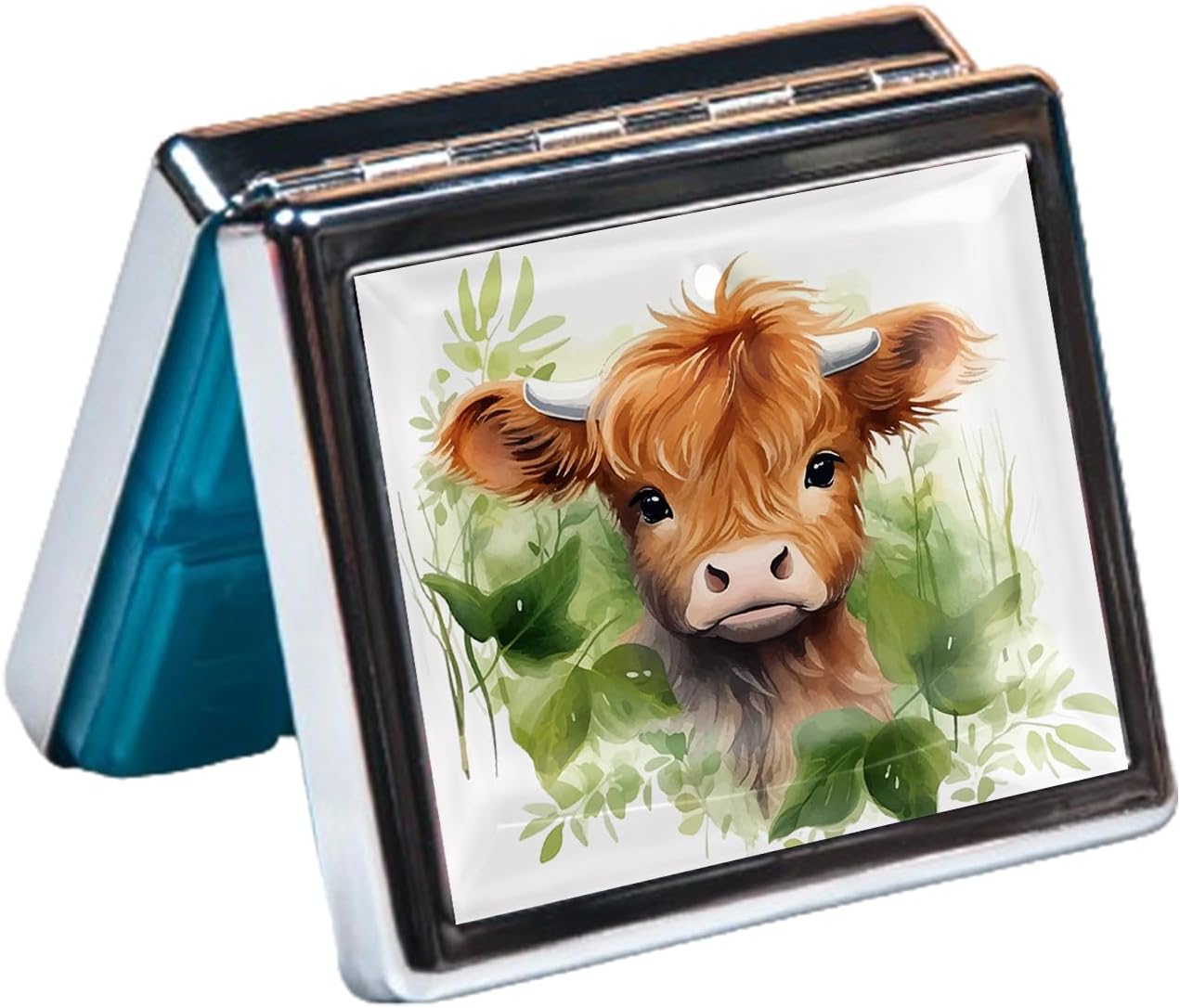 Silver Vintage Pill Box 7 Day Metal Pill Box with Mirror and 8 Compartments Cute Travel Pill Organizer for Purse (Watercolor Highland Cow)