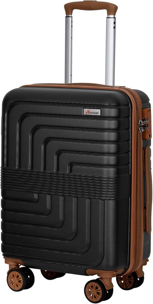 Romswi Expandable 22" Carry On Luggage,Hardshell Suitcase with Double Spinner Wheels for 20% More Space, Airline Approved Lightweight Hardside Luggage, Scratch-Resistant & YKK Zipper,Black