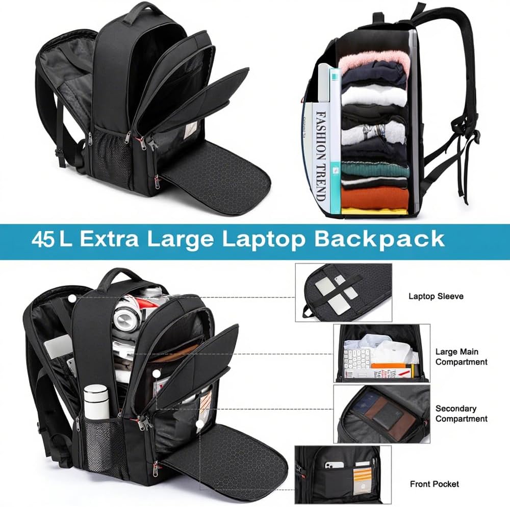 Travel Laptop Backpack, 18.4 inch Extra Large Backpack for Men and Women, 45L Capacity Business Computer Back Pack (Black Blue, 18.4 Inch)