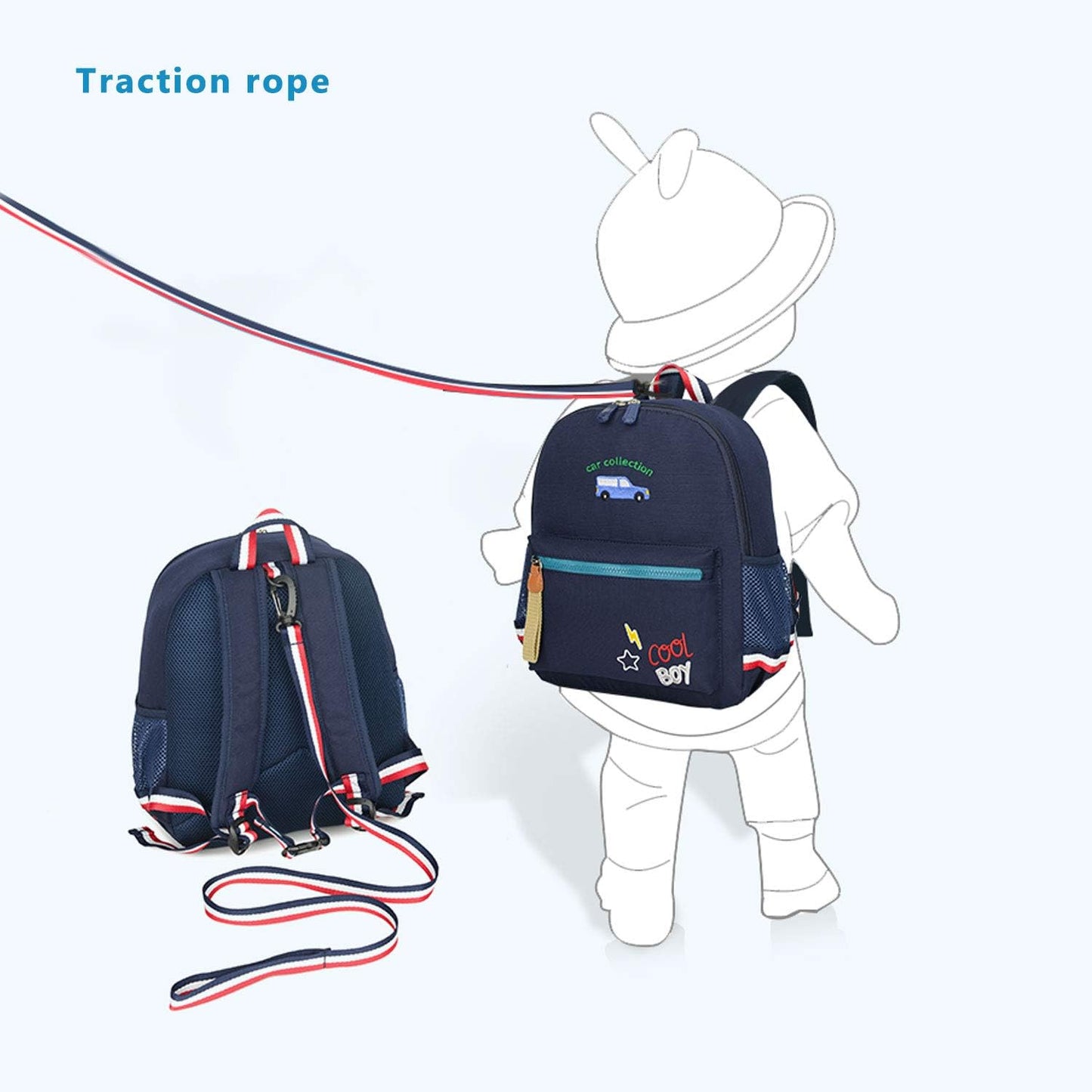 willikiva Cartoon Bus 12 Kindergarten Backpack for Kids Girls and Boys,Waterproof Preschool Toddler Backpack Wiht Leash and Safety Harness(Deep Blue)
