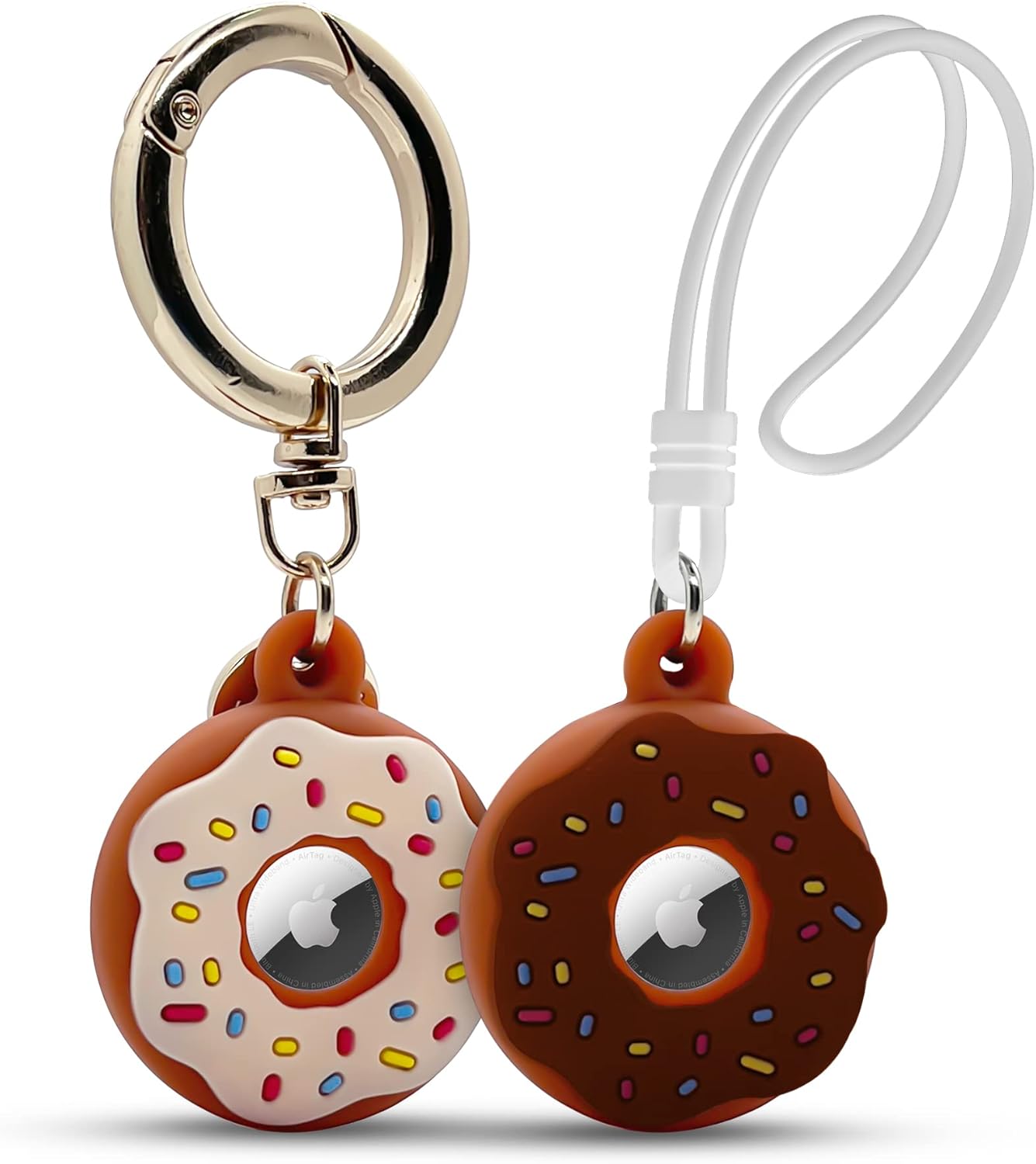 Apple AirTag 4 Pack Shockproof, Dustproof & Washable Cases, Silicon Holders with Accessories for Wallets, Luggage, Pet Collars, Key Finders (Donut (White & Brown))