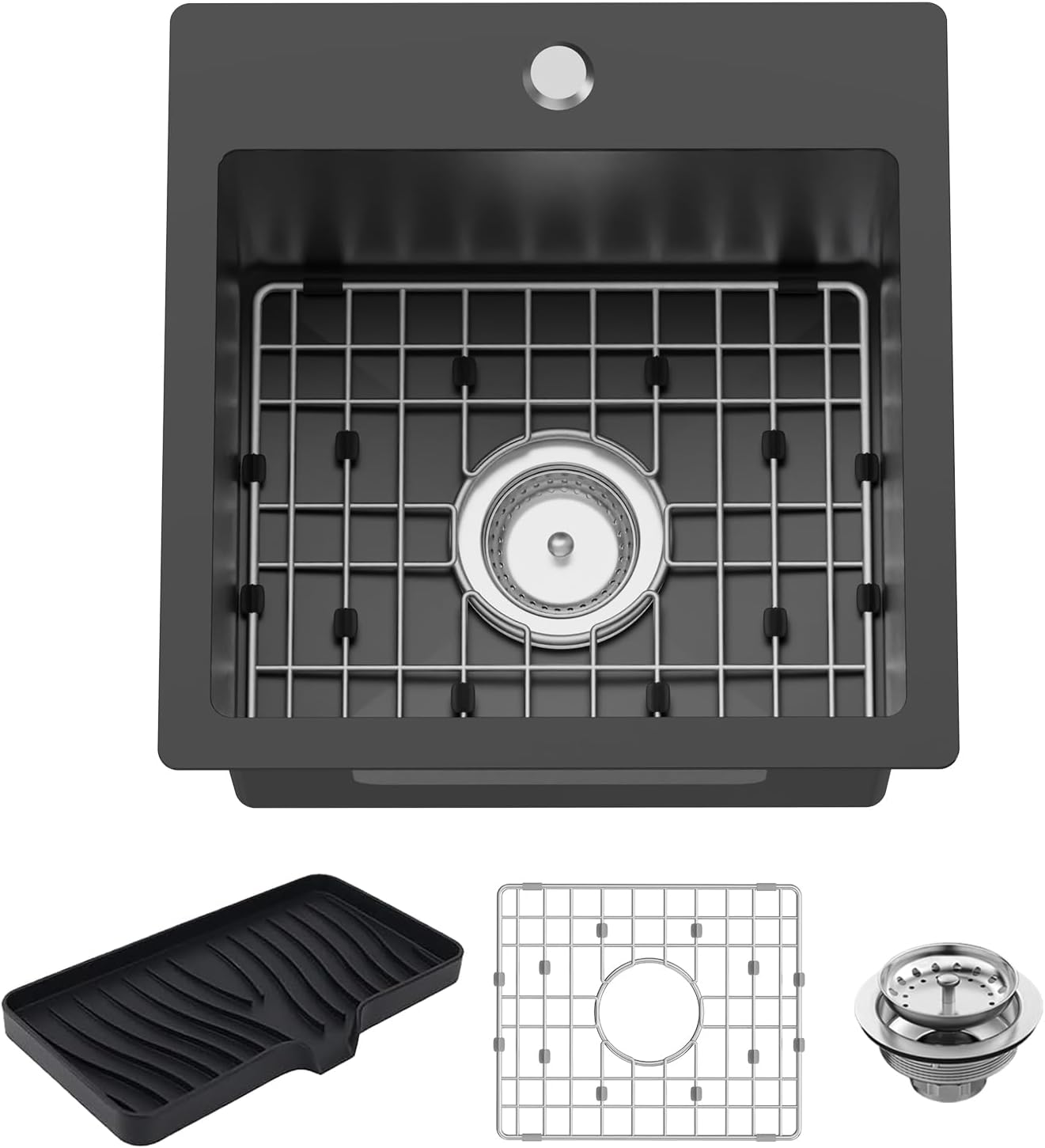 Small Black Kitchen Sink,15x15 Inch Stainless Steel Drop In Topmount Kitchen And Bar Sink Ideal Choice For For Small Space, Prep Area, RV With Bottom Grid,Soap Mat And Drain Assembly
