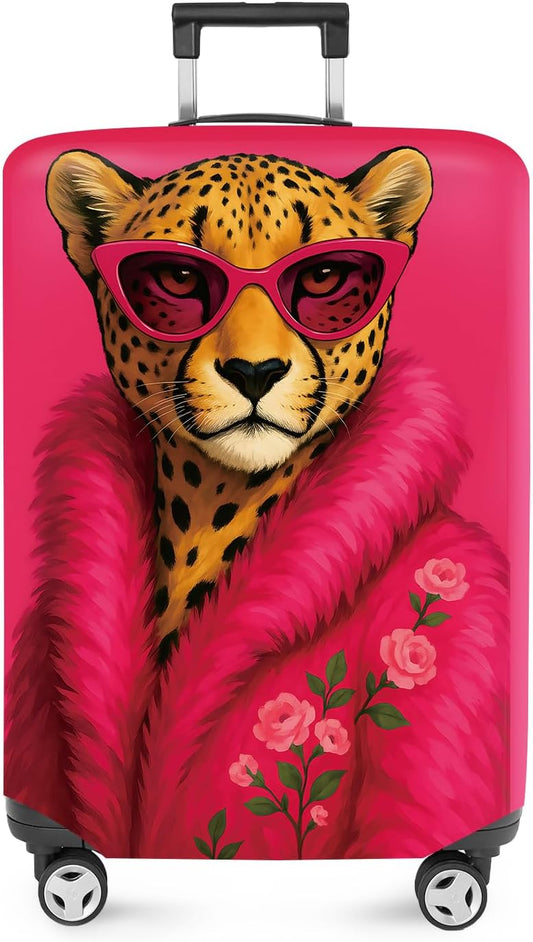 ANNA QUEEN Fashionable Leopard Luggage Cover, Leopard in Pink Coat and Sunglasses, Stretchable, Washable Travel Sleeve for 20-22 Inch Luggage