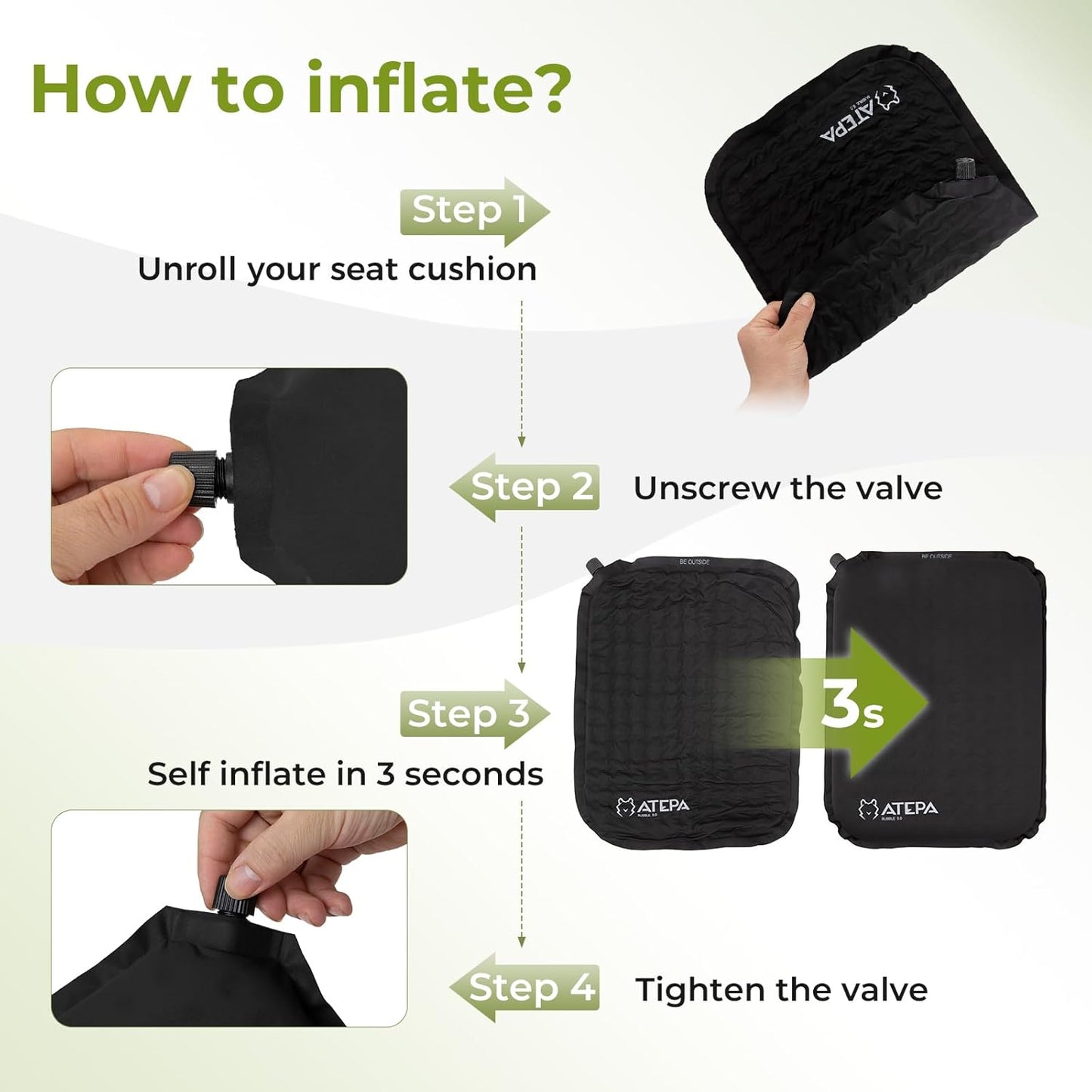 ATEPA Inflatable Stadium Seat Cushion, Self-Inflating Memory Foam Stadium Seats Bleacher Seat Chair Cushion Pad for Airplane Travel Backpacking Sports Events