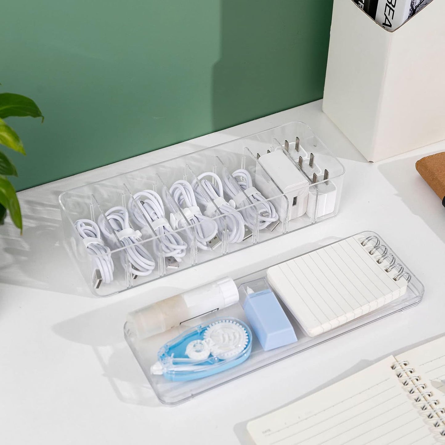 Yesesion 2pcs Clear Plastic Cable Organizer Boxes with Adjustment Compartments, Desk Accessories Storage Case with Lid and 20 Wire Ties for Drawer, Office Supply, Electronic Management
