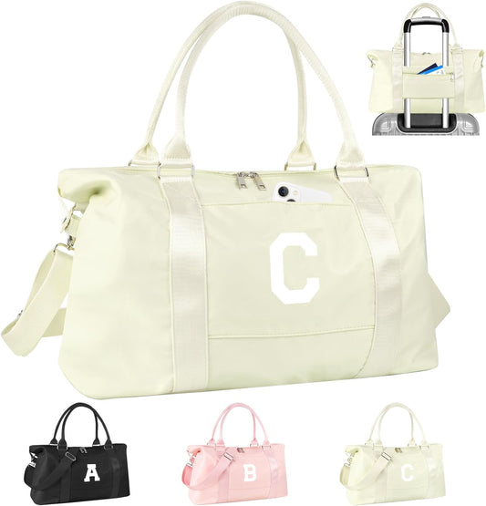 Initial Travel Duffel Bag Sports Gym Bag for Kids Teen Birthday Gifts,Beige Personalized Weekender Bag Carry On Dance Bags for Women Men,Waterproof Monogram Overnight Bag with Trolley Sleeve(Letter C)
