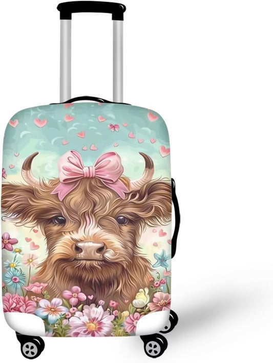 Highland Cow Suitcase Cover Flower Suitcase Protector Fits 26-29 Inch Luggage(Size L) Anti-Scratch Washable Spandex Luggage Cover Stretchable Suitcase Covers with Zipper