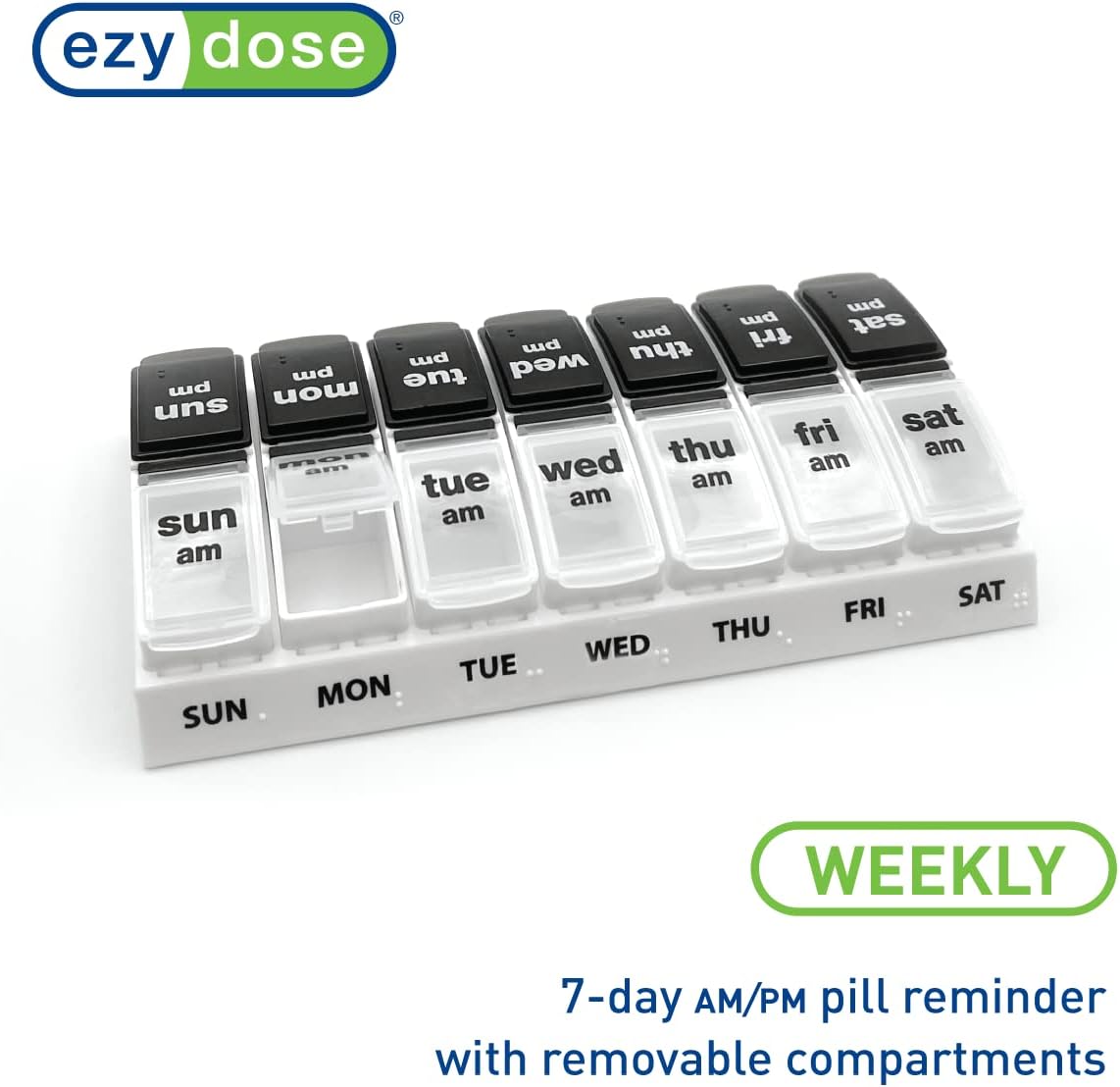EZY DOSE Weekly (7-Day) Daily AM/PM Pill Case, Medicine Planner, Vitamin Organizer, Supplement Container, Large Pop-Out Compartments, Designed for Travel 2 Times a Day, Black and White Lids